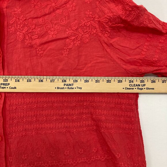Solitaire 1X Red Embroidered Textured Flare Sleeve Boho Button Down Vacation - Picture 6 of 10